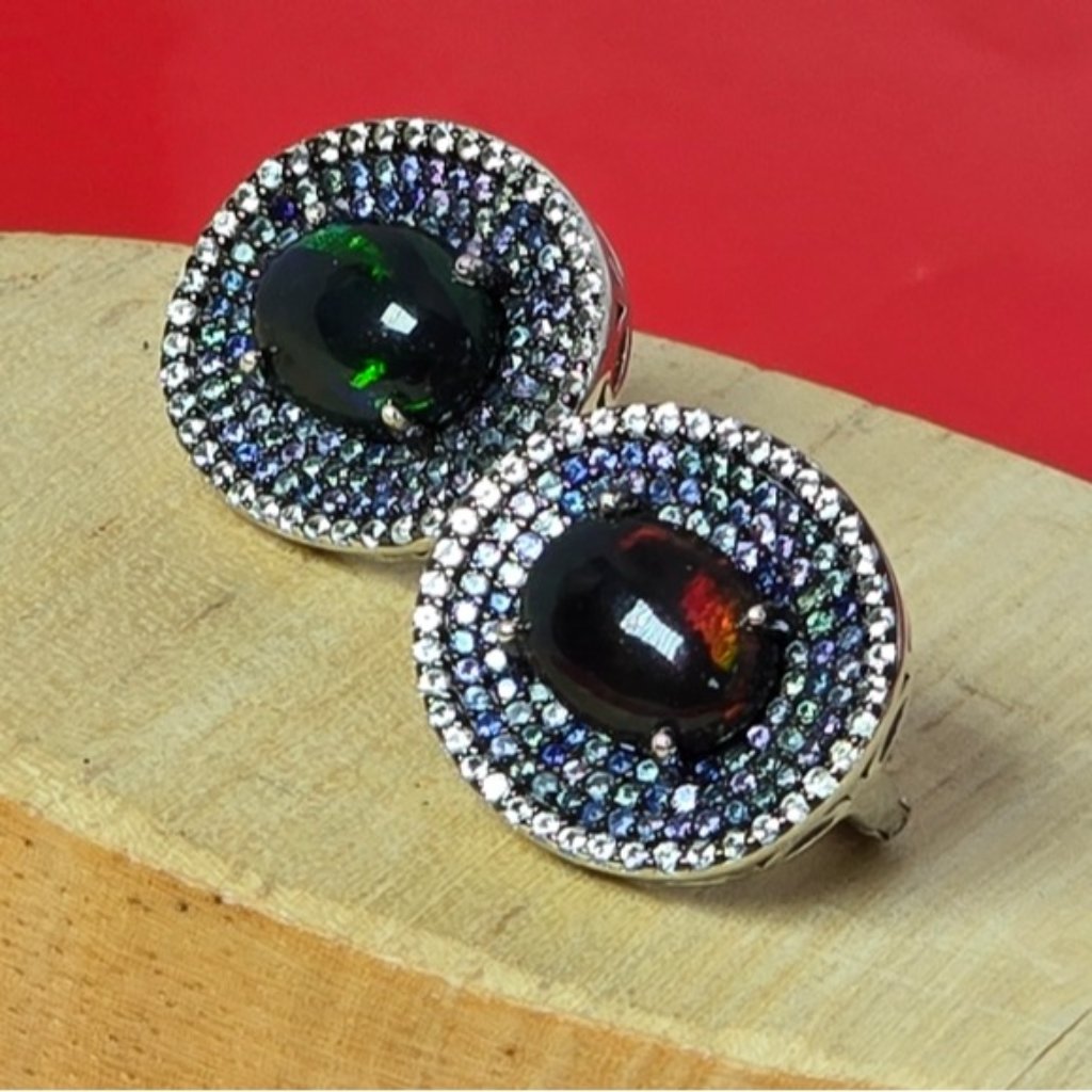 925 Sterling Silver Earrings With Natural Blk Opal Blue Sapphire Gems 120$